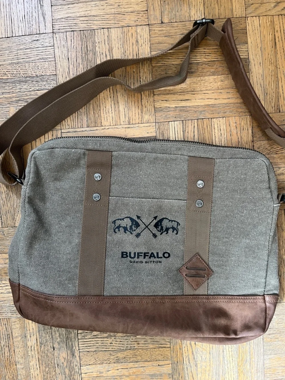 Buffalo David Bitton Olive Canvas Messenger Bag with Brown Trim